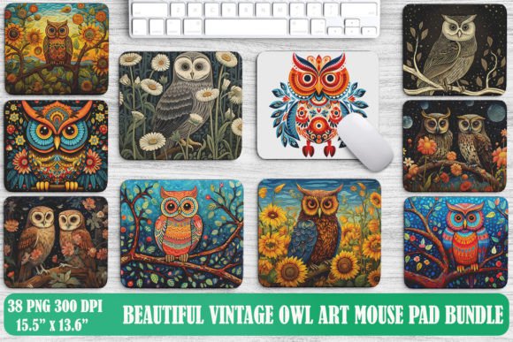 Vintage Owl Art Mouse Pad Design Bundle