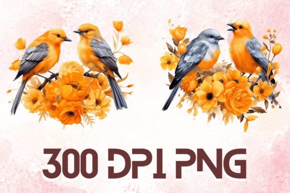 Watercolor Orange Birds on Branch Set 01