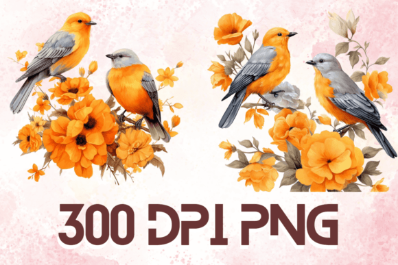 Watercolor Orange Birds on Branch Set 05