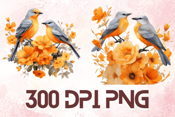 Watercolor Orange Birds on Branch Set 07